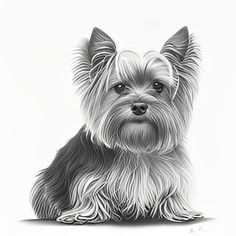 a black and white drawing of a small dog with long, fluffy hair on its face