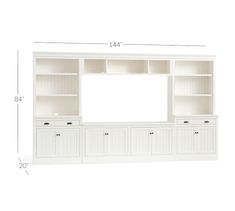 a white entertainment center with two doors and three drawers on each side, measurements for the wall