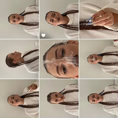 multiple pictures of a woman with braids and makeup on her face, in various ways