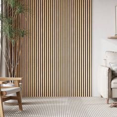 a living room with a white couch and wooden paneling on the wall behind it