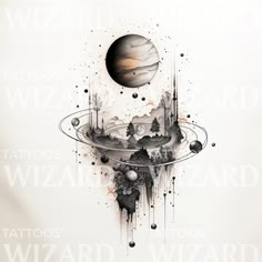 an artistic tattoo design with planets and trees