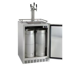 an open cabinet with two kegs in it