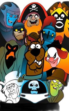 cartoon characters are grouped together in this image