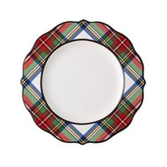 a red and green plaid plate with black trim on the rim, sitting in front of a white background