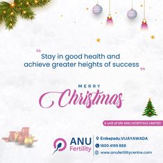 an advertisement for merry christmas with ornaments and lights on the tree, which reads stay in good health and achieve greater heights of success