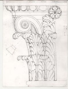 an architectural drawing of a column with flowers and leaves on the top, in black and white