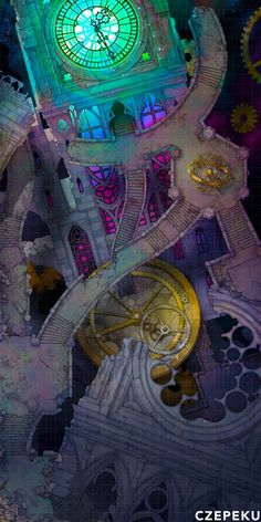 an abstract painting of a clock tower with colorful lights in the background and below it is a spiral staircase that leads up to a circular window