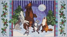 an image of a group of animals playing in the snow with christmas decorations on it