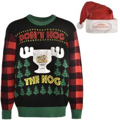 a christmas sweater and santa hat with the words don't hog on it,