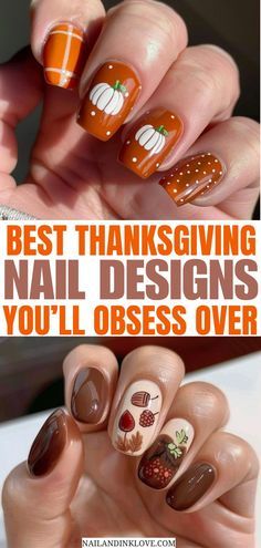 Thanksgiving Nails Design Fall, Scarecrows Nails, Scarecrow Nails, Fall Thanksgiving Nails, Pumpkin Nail Art, Xmas Nail Art, Brown Nails Design, Thanksgiving Nail Designs, Glitter Accent Nails