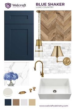 the blue shaker color scheme is shown with gold accents and white marble countertops