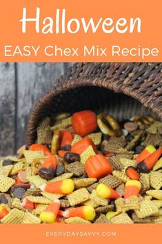 halloween easy chex mix recipe in a wicker basket