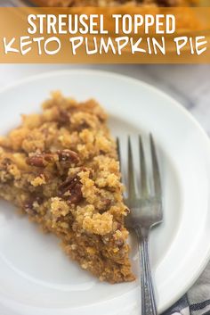 a piece of keto pumpkin pie on a white plate with a fork in it