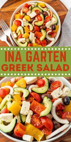 two bowls filled with different types of vegetables and the words ina garten greek salad