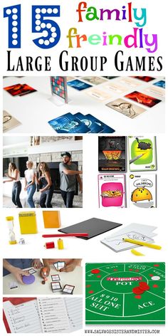 family friendly large group games with text overlay that reads 15 family friendly large group games