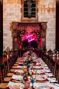 a long table is set up with place settings