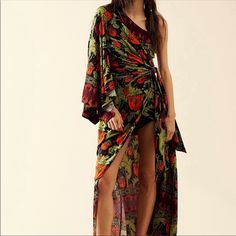 Size Xs Nwt Kimono Dress Red, Black And Green Red Asymmetrical Silk Dress, Red Silk Asymmetrical Dress, Bohemian Asymmetrical Floral Print Dresses, Print Formal Dress, Free People Boho Dress, Pardon My French, Gauze Maxi Dress, Tropical Maxi Dress, One Shoulder Maxi Dress