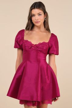 Enchanting Presence Magenta Taffeta Lace Puff Sleeve Mini Dress Party Wear Dresses For Women, Red Bow Dress, Bat Mitzvah Dresses, Puff Sleeve Mini Dress, Puff Sleeve Dresses, Skater Style, Midi Skirts, Style Skirt, Party Wear Dresses