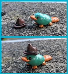 two pictures of a toy bird wearing a hat