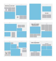 four different layouts for the same page, each with blue and gray squares on them