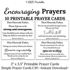 four printable prayer cards with the words, encouraging prayers and two different sayings