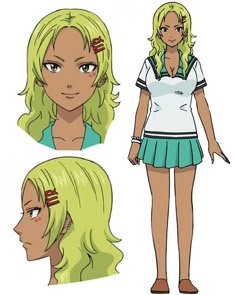 some anime characters with green hair and short blondes, one is wearing a white shirt