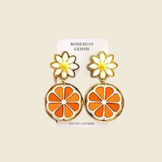 Orange Slice Statement Earrings Nickel Free Flower Earrings For Summer, Handmade Earrings For Spring, Nickel-free Flower Drop Earrings For Summer, Bohemian Dangle Earrings For Spring, Spring Bohemian Dangle Earrings, Bohemian Orange Jewelry For Spring, Orange Drop Earrings For Spring, Orange Earrings For Spring Gift, Summer Orange Drop Earrings