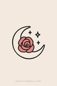 a pink rose sitting on top of a crescent moon with stars in the sky above it