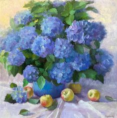 an oil painting of blue flowers and apples