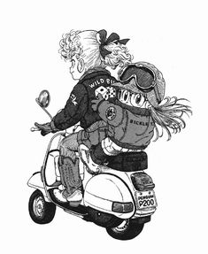 a black and white drawing of two people on a scooter