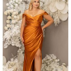 Off Shoulder Draped Bodice Draped Skirt Split Off The Shoulder Bridesmaid Dress, Stretch Satin Fabric, Stretch Satin Dress, Off Shoulder Wedding Dress, Draped Bodice, Plus Size Gowns, Draped Skirt, Off Shoulder Fashion, Maid Dress