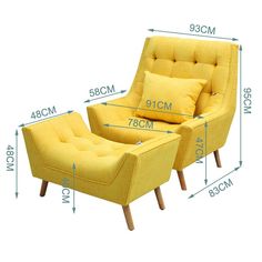 two yellow chairs sitting next to each other in front of a white background with measurements