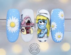 Smurf Nails, Smurf Nails Art Designs, Cartoon Effect Nails, Nails Inspiration Cartoon, Cartoons Nails Art, Disney Character Nails, Printable Nail Art Practice Sheet, Minion Nail Art, Cartoon Nail Designs