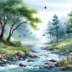 a painting of a stream with trees and flowers in the foreground, butterflies flying above