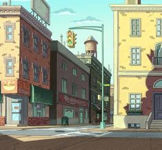 an animated city scene with buildings and traffic lights