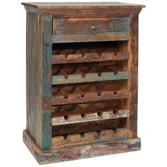 an old wooden wine rack with many bottles in the bottom shelf and one drawer open