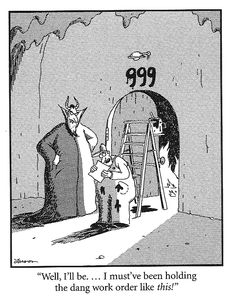 the cartoon shows an old man and woman standing in front of a doorway with numbers 999 written on it