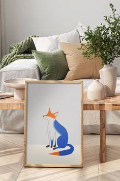 a fox sitting on top of a wooden table next to a couch with pillows and plants