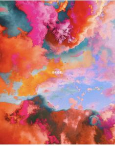 colorful clouds and blue sky with the word bruss written in white on it's center