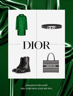 an advertisement for christian dior featuring green clothing and accessories