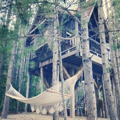 a hammock in front of a tree house with the words fall sitting on it