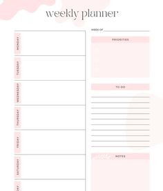 the weekly planner is shown in pink and white with clouds on it, as well as an