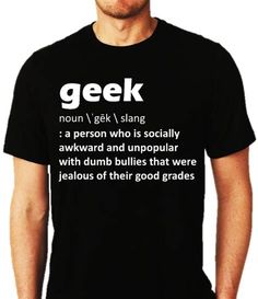 a man wearing a black t - shirt with the words geekk in white on it