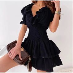 Woman Sexy Black V-neck Ruffles Short-sleeve Dress Female Stylish Slim Waist Dresses Summer Office Lady Vestidos Fresh Dress, Mini Robes, Ruffle Mini Dress, Women Long Dresses, Neck Ruffle, Bohemian Dress, Outfit Casual, Chic Dress, Mini Dress Party