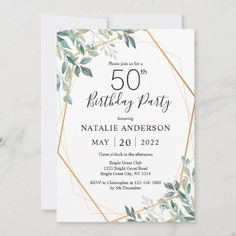 an elegant 21st birthday party with greenery and gold foil on the front, in white paper