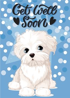 a white dog sitting on top of a blue background with the words get well soon