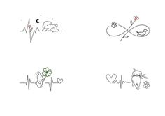 four different drawings with animals and heartbeats on them, one has a cat in the middle