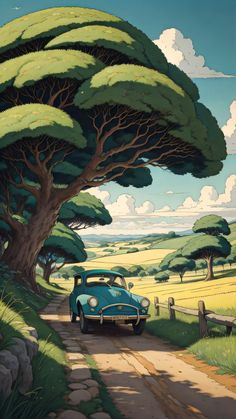 a blue car driving down a dirt road next to a lush green tree filled field