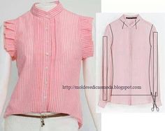 a woman's pink shirt with ruffles on the sleeves