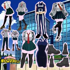 an anime character with many outfits and shoes